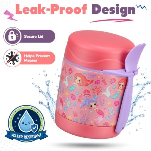 10oz Soup Thermo for Hot Food Kids,Lunch Thermo Kids Food Jar with Spoon Hot Insulated Food Containers,Leak Proof Stainless Steel Wide Mouth Lunch Thermo Jar for School(Pink-Mermaid)