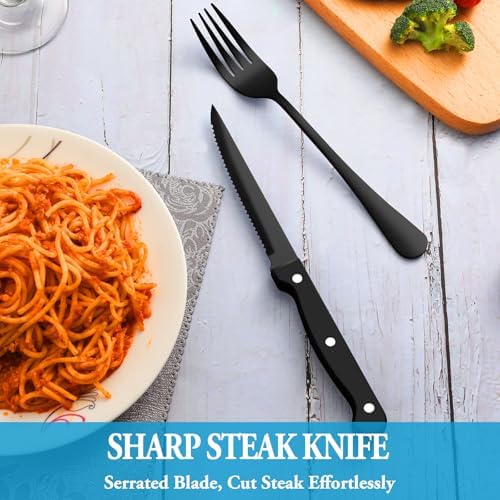 72 Pcs Black Silverware Set with Steak Knives, Stainless Steel Flatware Cutlery Set for 12, Kitchen Tableware Sets, Utensil Sets for Home and Restaurant, Dishwasher Safe