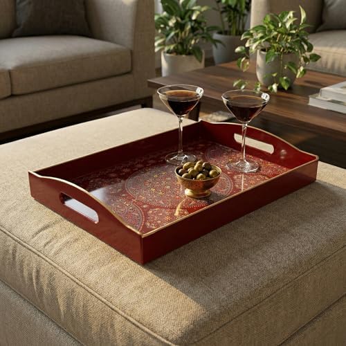 Boho Red Decorative Tray, Serving Tray with Handles, Plastic Tray for Coffee Table, Ottoman - Ideal for Living Room & Bathroom. 15” x 11” x 2.5”