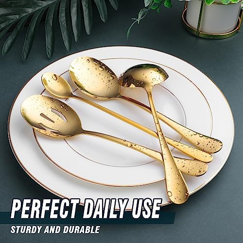 Gold Serving Utensils, OGORI 12-Piece Stainless Steel Serving Utensils Include Serving Spoons, Slotted Spoons, Serving Tongs, Serving Forks, Butter Knife, Stirring Spoon, Soup Ladle, Pie Server