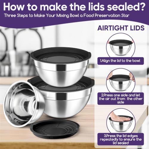 Herogo Stainless Steel Mixing Bowls with Lids Set of 3, 1.5/3/4.6Qt, Black