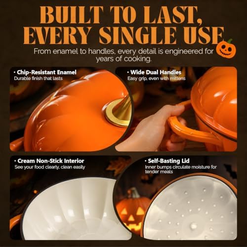 ROVSUN Pumpkin Dutch Oven Pot with Lid – Enameled Cast Iron Pumpkin Shaped Pot with Gold Stem Knob, Matching Halloween Trivet & Oven Mitts, Fall Cookware for Soup, Stew & Braising, Orange, 5QT