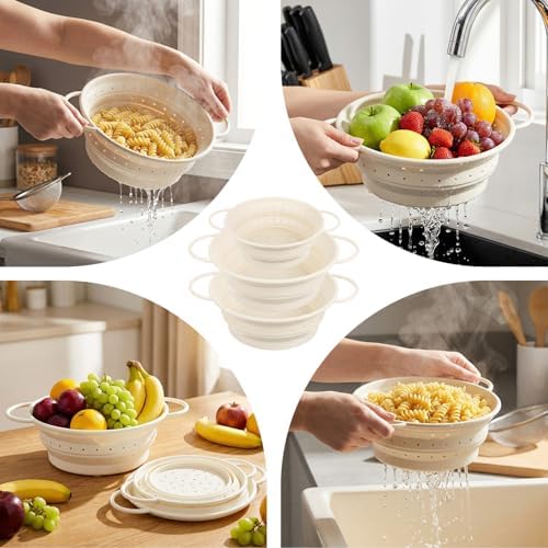 3 Pack Collapsible Colander with Strainer Bowl Set,White
