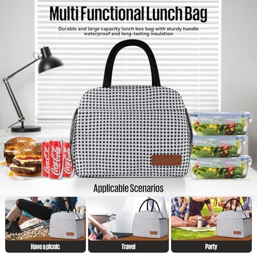 douyadady Lunch Bag Women/Men Lunch Box Women/Men (Black+White Grid)