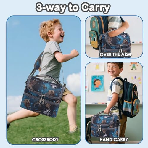 FlowFly Double Decker Cooler Insulated Lunch Bag Large Tote for Boys, Girls, Men, Women, With Adjustable Strap, MyDinosaur