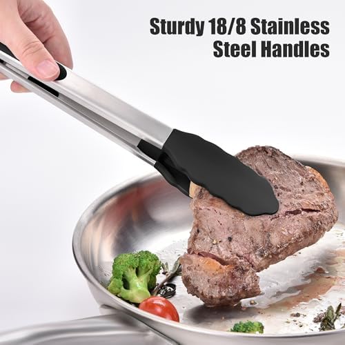Doosu Kitchen Tongs with Silicone Tips for Cooking Serving (12in, Black)