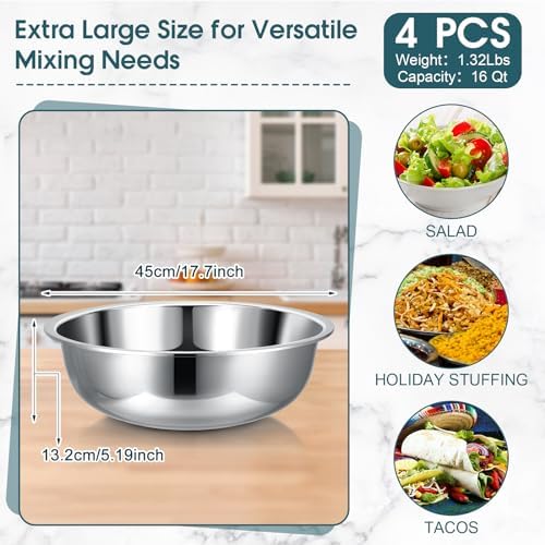 Nuogo 4 Pcs Stainless Steel Mixing Bowls Large for Salad, 18 Inch 16 Qt
