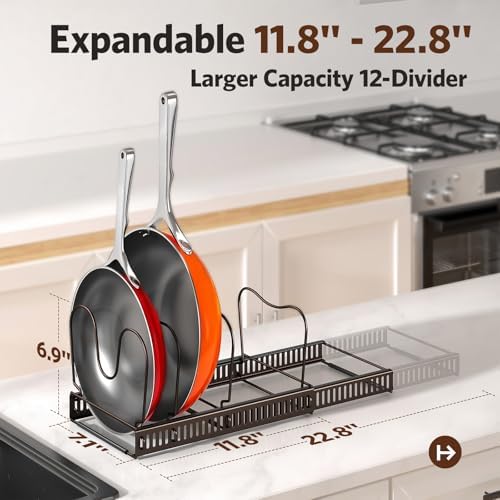 ORDORA Pots and Pans Organizer under Cabinet, 11.8-22.8" 12 Dividers Bronze