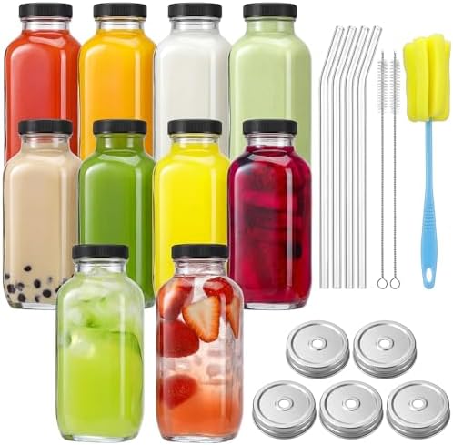 CUCUMI 10pcs 16oz Glass Juice Bottles with Lids