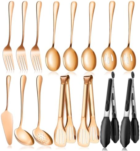 Rose Gold Serving Utensils Set Stainless Steel, Large Metal Serving Spoons, Slotted Spoons, Forks, Tongs, Soup and Skimmer Spoon, Cake Server serveware for Partie, Buffet, Catering, Entertaining 15pcs