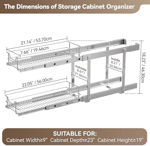 2 Tier Pull Out Cabinet Organizer 9" W X 22" D, Chromed, Full Slide Out