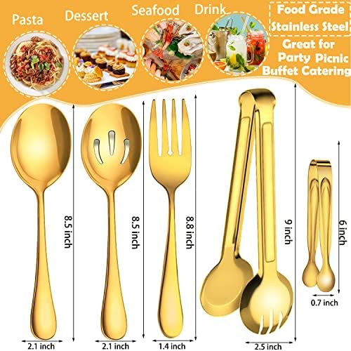 10 PCS Stainless Steel Serving Utensils, Large Serving Spoons Slotted Spoons, Serving Forks, Serving Tongs, Ice Suger Tongs, Metal Utensils Set Great for Buffet Catering Banquet Party (Gold)