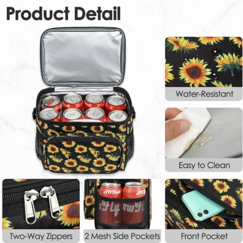 FlowFly Insulated Reusable Lunch Bag Adult Large Lunch Box for Women and Men with Adjustable Shoulder Strap,Front Zipper Pocket and Dual Large Mesh Side Pockets,Sunflower