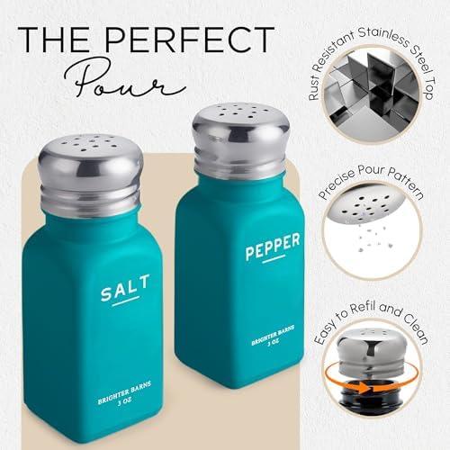 Teal Salt and Pepper Shakers Set by Brighter Barns - Turquoise Kitchen Decor, Turquoise Kitchen Accessories, Blue Table Decor - Modern Farmhouse Countertop Accessories for Airbnb, Restaurant (Teal)