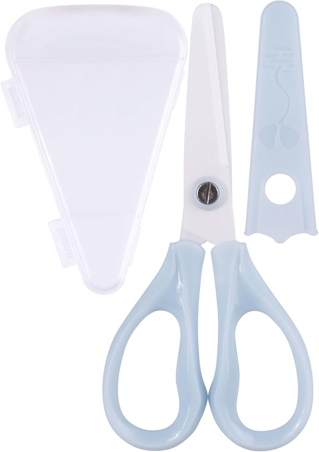 Baby Food Scissors Kicthen Shears - Portable Healthy Cute Kids Ceramic Scissors with Storage Case - Ideal for Cutting Meat, Chicken, Vegetables, and Fruits (Blue)