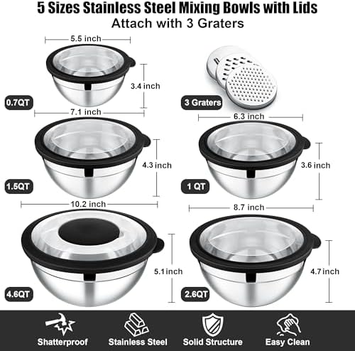 E-far Mixing Bowls, Stainless Steel Salad Mixing Bowl with Lid & Grater Set
