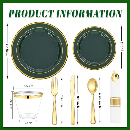 WDF Partyware 175PCS Green Plastic Plates - Green and Gold Disposable Plates 25Guests Plastic Plates with Rolled Napkins for Birthday/Party/Wedding