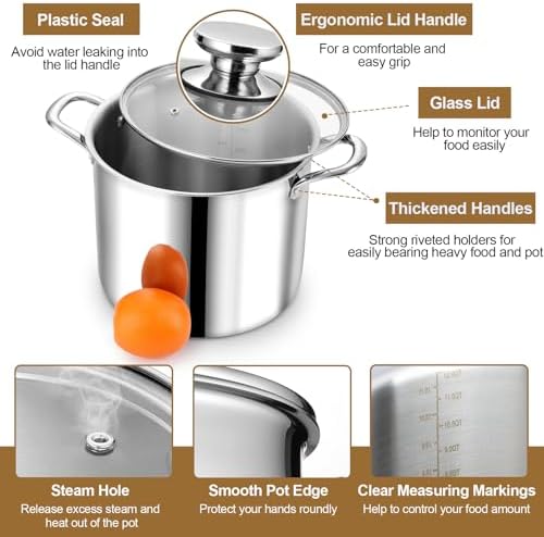 P&P CHEF 12 Quart Tri-Ply Stainless Steel Stock Pot, Cooking Pot with Lid