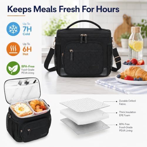 CAMTOP Lunch Box for Women Men Insulated Lunch Bag Lunch Tote Bag Leakproof Thermal Cooler Large Capacity for Travel Work School Picnic (Black - 1 Deck, X Large - 1 Deck)