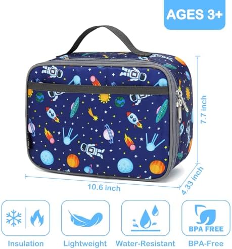 FlowFly Kids Lunch box Insulated Soft Bag Mini Cooler Back to School Thermal Meal Tote Kit for Girls, Boys, Astronaut