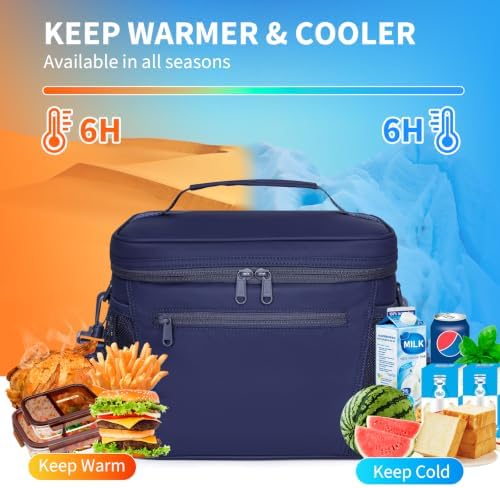 NOL Insulated Lunch Bag for Women Men Adults, Reusable Lunch Tote with Adjustable Shoulder Strap, Leakproof Thermal Food Cooler Bag with Front Pocket and Side Mesh Pockets for Work Travel, Navy blue