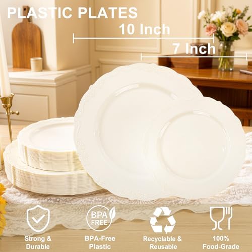 U-QE 100 Pcs Ivory Plastic Plates for Party - Ivory Disposable Plates
