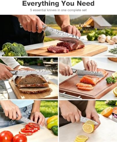 MOSFiATA Kitchen Knife Set 7 PCS with Foldable Roll Bag, Pro Stainless Steel 5Cr13MoV Ultra Sharp Santoku Knives with Honing Rod, Dishwasher Safe butcher Knife Set for Cooking Outdoor Travel