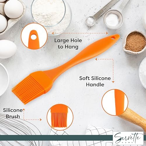 Kitchen Utensil Set with 3 Metal Whisks in 9, 7, 11 inches and Orange Silicone Basting Brush 8 x 1.25 inches