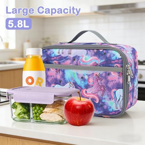 FlowFly Kids Lunch box Insulated Soft Bag Mini Cooler Back to School Thermal Meal Tote Kit for Girls, Boys, Unicorn#2