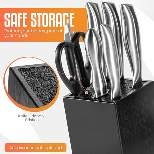 Acacia Wood Angled Knife Block with Multi-Purpose Holder – Universal Kitchen Knife Storage with Removable Bristle Insert (black bamboo, small)