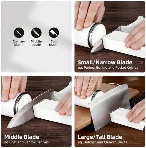 High Carbon Stainless Steel Rolling Knife Sharpener with 400, 1000 & 3000 Replacement Discs - Blunt Knife Sharpening Kit with 15 and 20 Degree Sharpening for Kitchen & Chef's Knives (White)