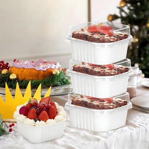 30Pack 5oz White Mini Cake Pans with Lids, Spoons and Stickers Baking Cups Aluminum Foil Pans Tins, Individual Dessert Cups Containers for Sales,Party,Picnics