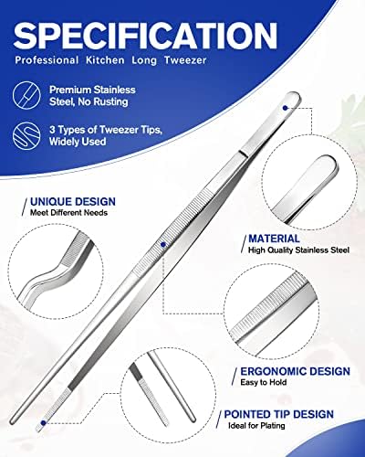 BUNDLEPRO Kitchen Tweezers Tongs with Precision Serrated Tips, 3 Pcs, 10''