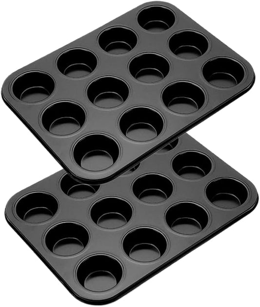 12 Cup Muffin Pan，Carbon Steel Cupcake Pan Muffin,Nonstick Cake Molds/Tin,for Baking Muffins Cupcakes, BPA Free,Easy Release & Clean, Oven Safe–Set of 2 (black)