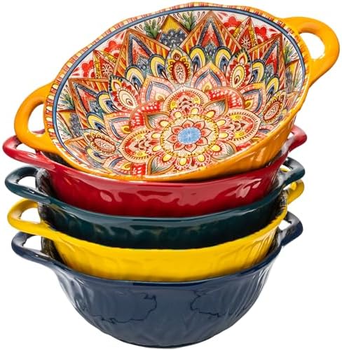 XKXKKE 5 Pack Boho Ceramic Serving Bowls with Handles, 40 Oz Porcelain Salad Bowls, Large Serving Dishes for Entertaining, Mixing Bowls for Soup, Stew, Pasta, Cereal, Colorful Embossed Cute Bowls Set