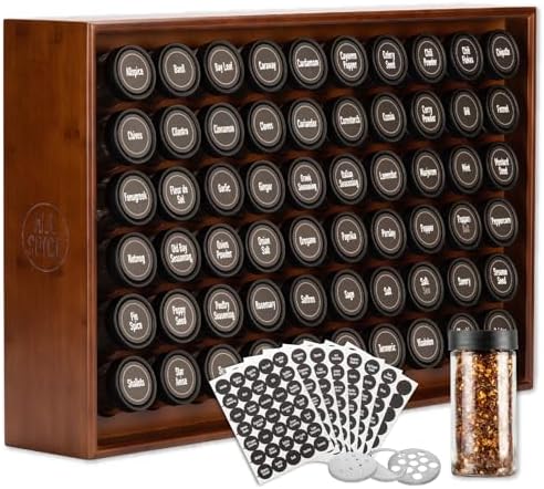 AllSpice Spice Rack Organizer, Wood, 525 Unique Labels, Countertop or Wall Mount, Includes 60 4oz Jars- Walnut Stain