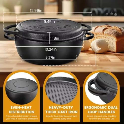 3.5QT Cast Iron Dutch Oven with Skillet Lid, 2-in-1 Cookware Set