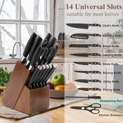 RedCall Universal Knife Block Without Knives - 14 Slot Wooden Knife Holder for Countertop, Large Bamboo Knife Storage Organizer, Butcher Block Knife Stand for Kitchen