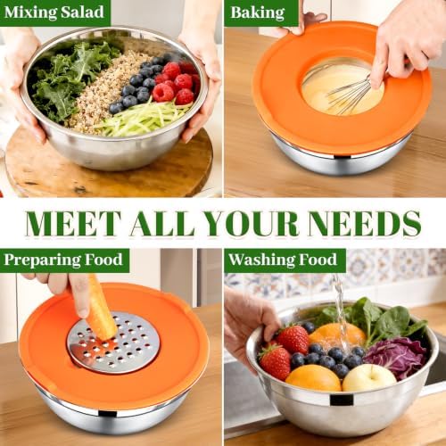 8-Piece Colorful Stainless Steel Mixing Bowl Set with Lids, Includes 5 Nesting Bowls and 3 Grater Attachments for Mixing and Serving, 1.5/2.1/3.5/4/4.5 QT