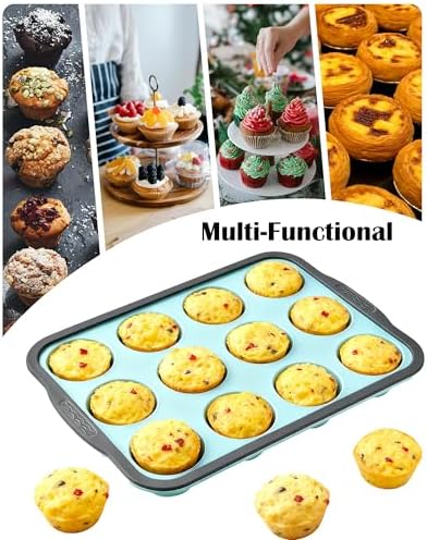 Silicone Muffin Pan for Baking with Metal Frame， Nonstick Cupcake Pan， 12 Cup Baking Pan for Cupcake, Tarts, Egg Bites(12 Cup Green)
