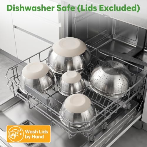 Fire More Mixing Bowls with Airtight Lids Set, Stainless Steel Salad Bowls with Non-Slip Silicone Bottoms, 8PCS Nesting Kitchen Bowls with Colander,Grater Attachments, for Mixing Cooking Prep