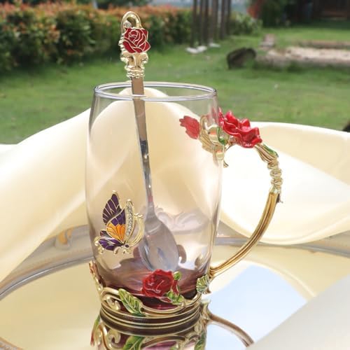Flower Tea Cup ,Butterfly Rose Clear Glass Fancy Coffee Mug with Spoon,Gift Box for Her Mom Wife Grandma Girls Friends Valentines Christmas Birthday Present Idea for Juice,Hot And Cold Drinks Use