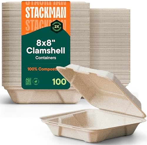 100% Compostable Clamshell Take Out Containers - 8x8 [100-Pack] Heavy Duty