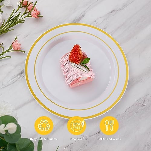 Goodluck 200PCS Gold Plastic Plates, Heavy Duty Disposable Gold Plates with 100 10.25 inch Dinner Plates and 100 7.5 inch Dessert Plates for Party, Holiday, Wedding, Thanksgiving (Pack of 2)