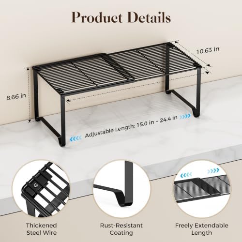 Extendable Metal Wire Shelf Organizer - Adjustable 15-24.4in Length, Stackable Storage Rack for Kitchen/Pantry/Bathroom/Shoe Cabinet/Tool Closet (4,Black)
