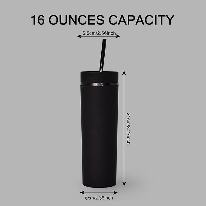 sweet grain Skinny Tumblers with Lids and Straws(6 Pack) - 16oz Matte Pastel Colored Skinny Acrylic Tumblers, Double Wall Plastic Tall Skinny Tumblers Bulk for Cold Hot Drinks - Black