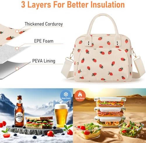 Lunch Bag Large Insulated Lunch Box for Women Adult Cute Beige Strawberry Lunchbox Corduroy Lunch Bags Boxes Pail with Shoulder Strap for Work Mom Picnic Office Travel 11.4×6.8×9.1 inches 11.5L