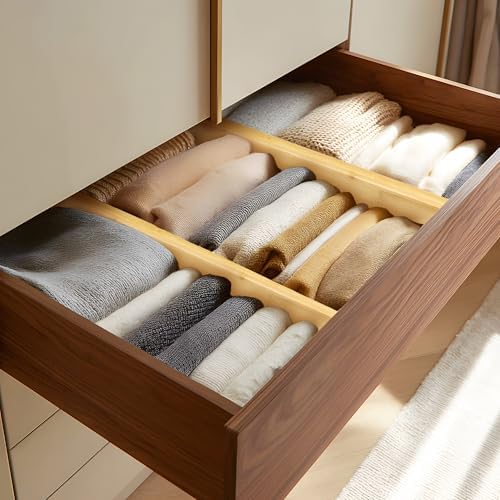 VaeFae 3 Pack Bamboo Drawer Dividers, 4" High Adjustable 16.6" - 21.8" Clothes Drawer Organizers, Expandable Separators for Bedroom/Bathroom/Kitchen/Office Storage