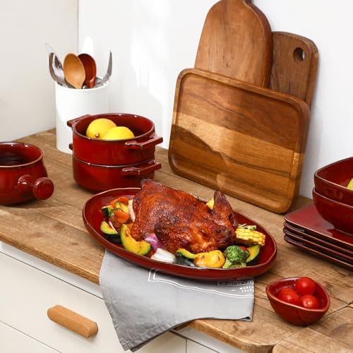 vicrays Ceramic Serving Platter Tray - Extra Large Oval 14.5 Inch Porcelain Dinner Plates Long Serving Dish Set - for Party Restaurant Food Meat Sushi Fish Turkey Platter - Cherry Red