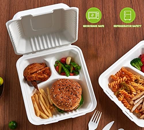 ECOLipak 50 Pack Compostable Take Out Food Containers, 8 inch,3 Compartment